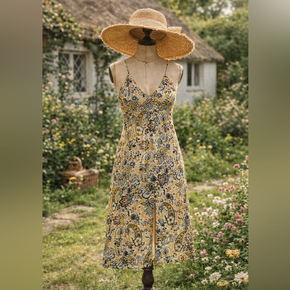 Ba&sh Robe Baila Gathered Jacquard floral yellow and blue Midi Dress